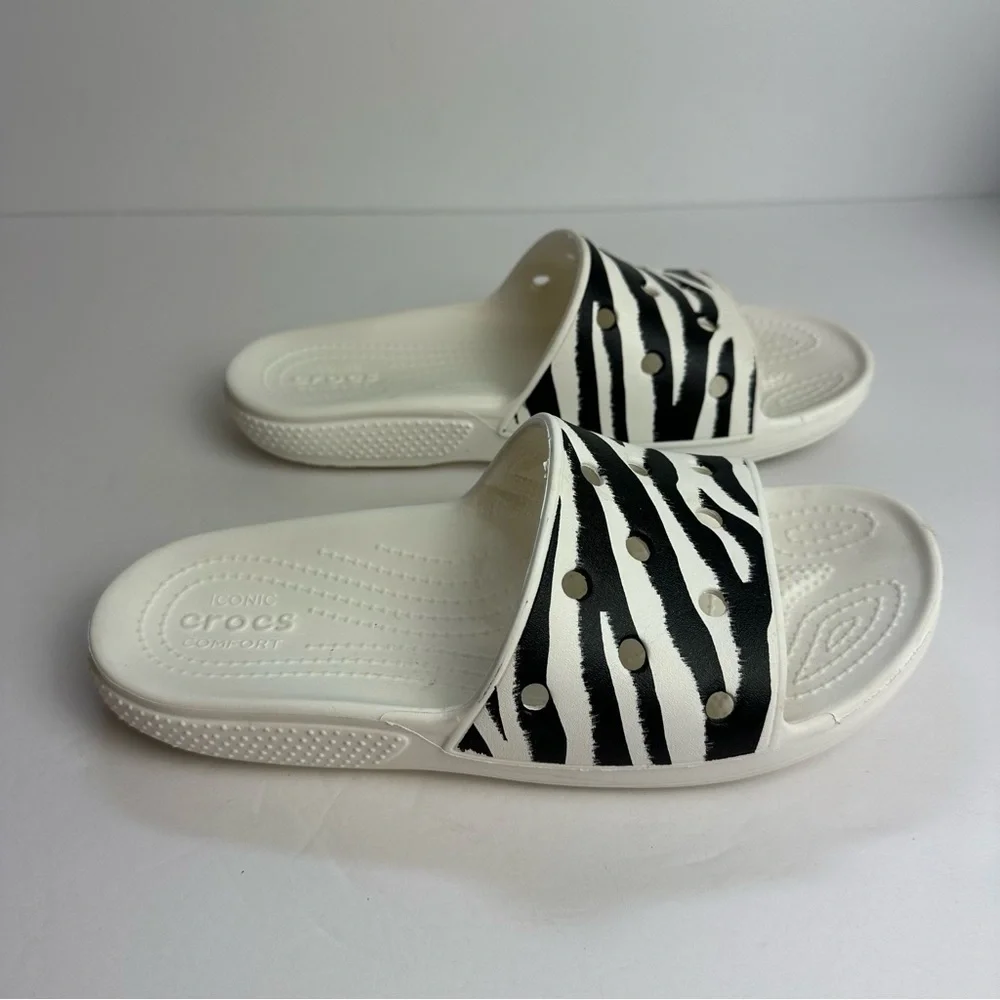 Crocs Zebra Animal Print Slide Sandals Classic Women’s Size 9 or Men's 7 Shoes - Picture 2 of 8